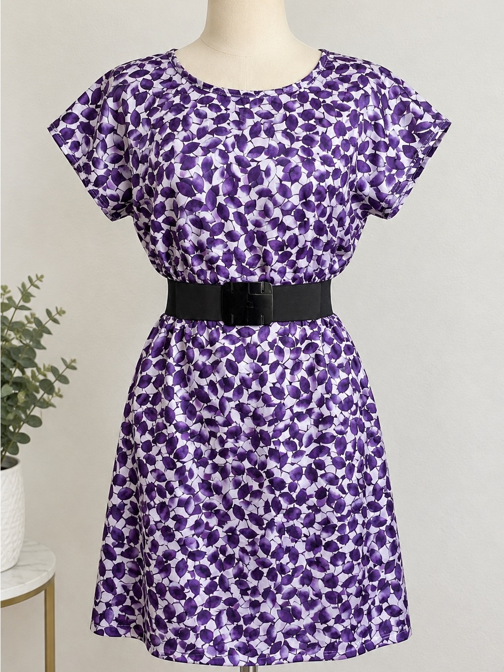 Purple Floral Belted Mini Dress